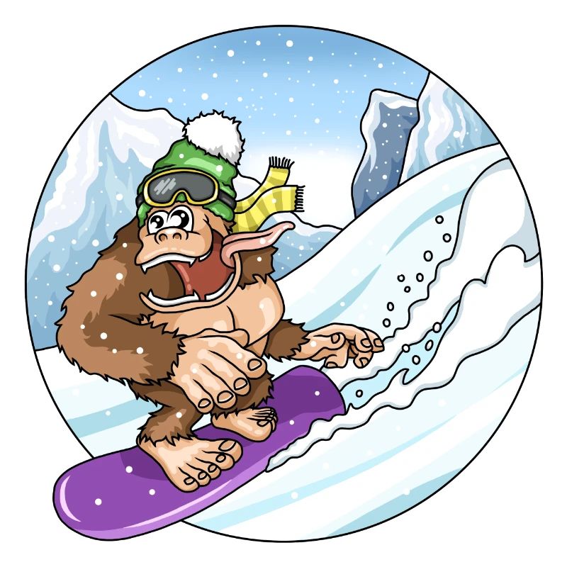 Cute Gorilla While Snowboarding Snow Landscape
