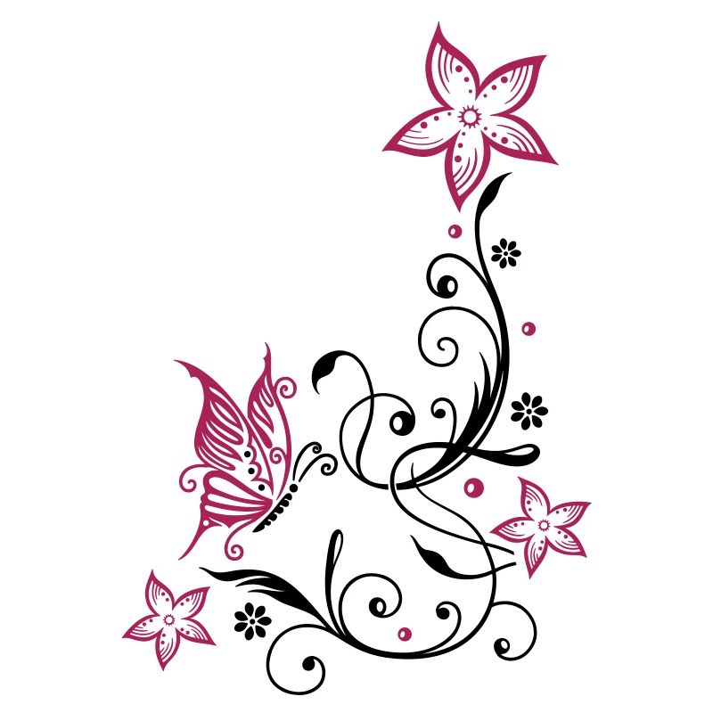 Florale Ranke mit Blüten und Schmetterling