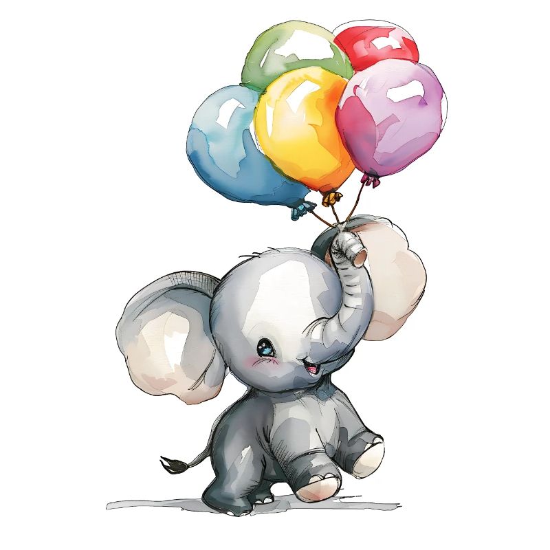 Lustiger Elefant spielt mit bunten Luftballons