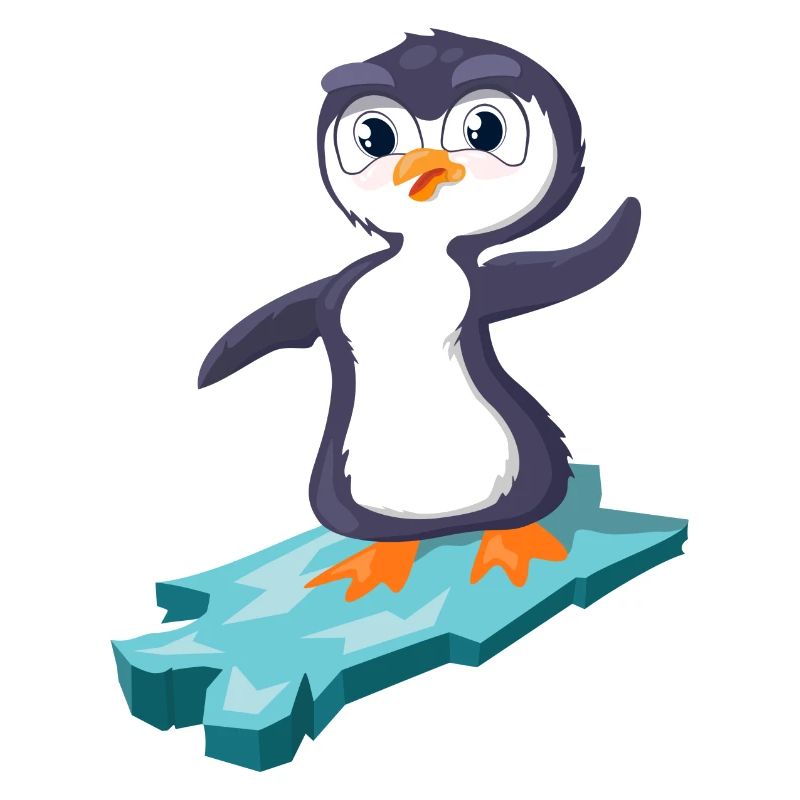 Pinguin surft auf einer Eisscholle