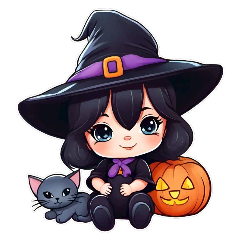 Cute witch with black cat and pumpkin