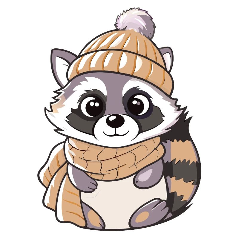 Raton laveur mignon avec écharpe et chapeau à pompon.