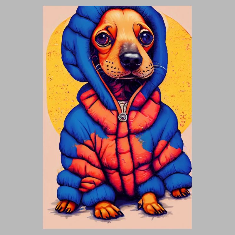 Pop-Art Dackel mit Oversized Puffer-Jacket