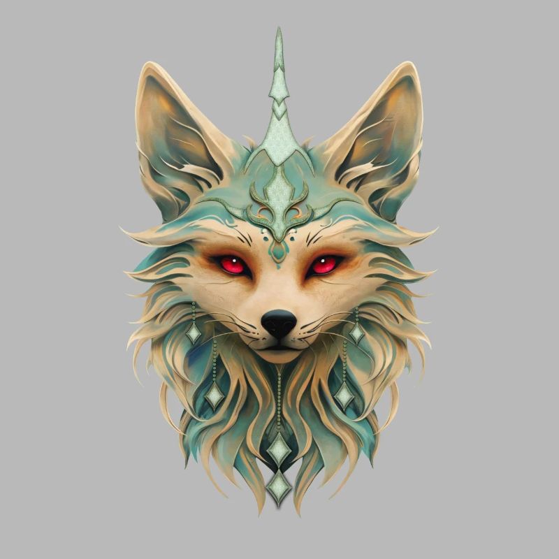 Mystical fox with piercing red eyes.