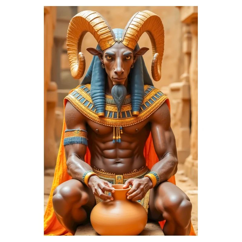 Khnum, widderköpfiger Gott, der einen Menschen aus Lehm formt.