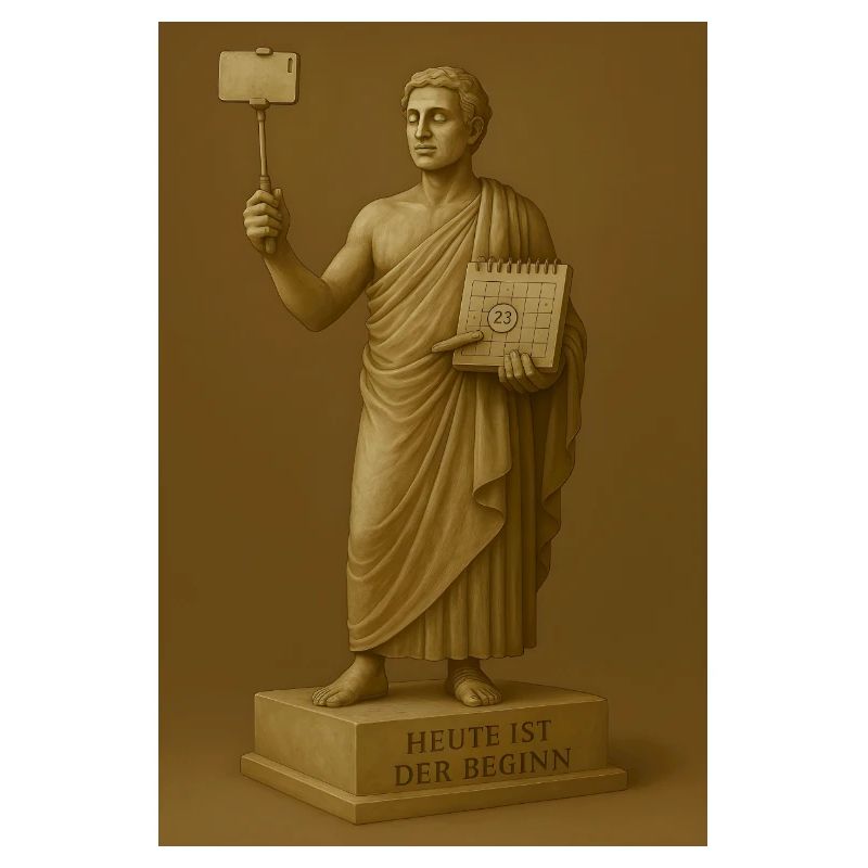 Moderne Statue mit Smartphone und Kalender