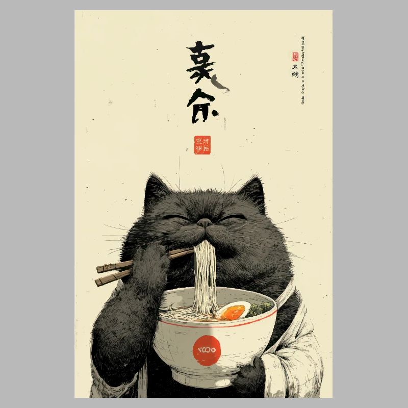Chat heureux mangeant des ramen