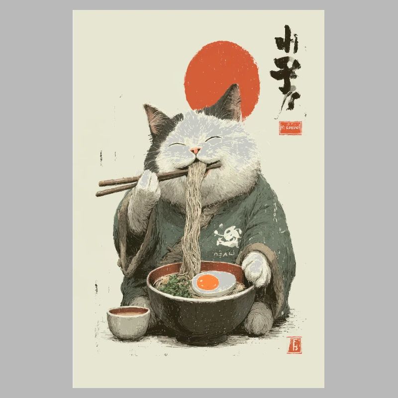 Samurai-Katze schlürft Ramen