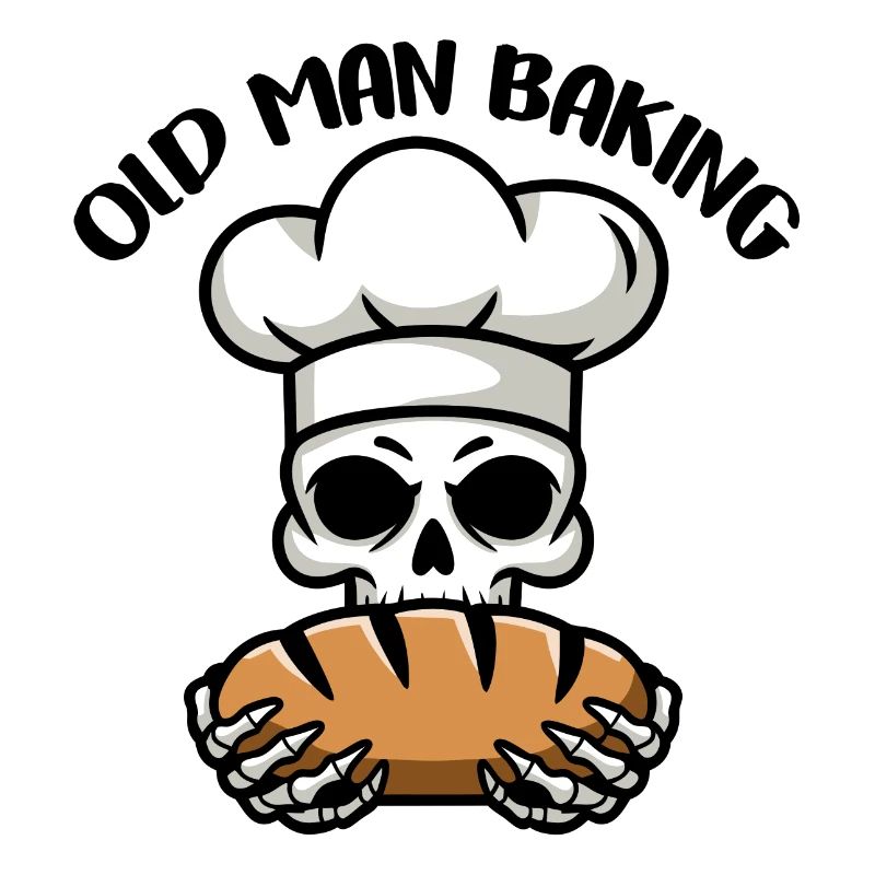 Funny Baker Skull with Bread. Old man bakes