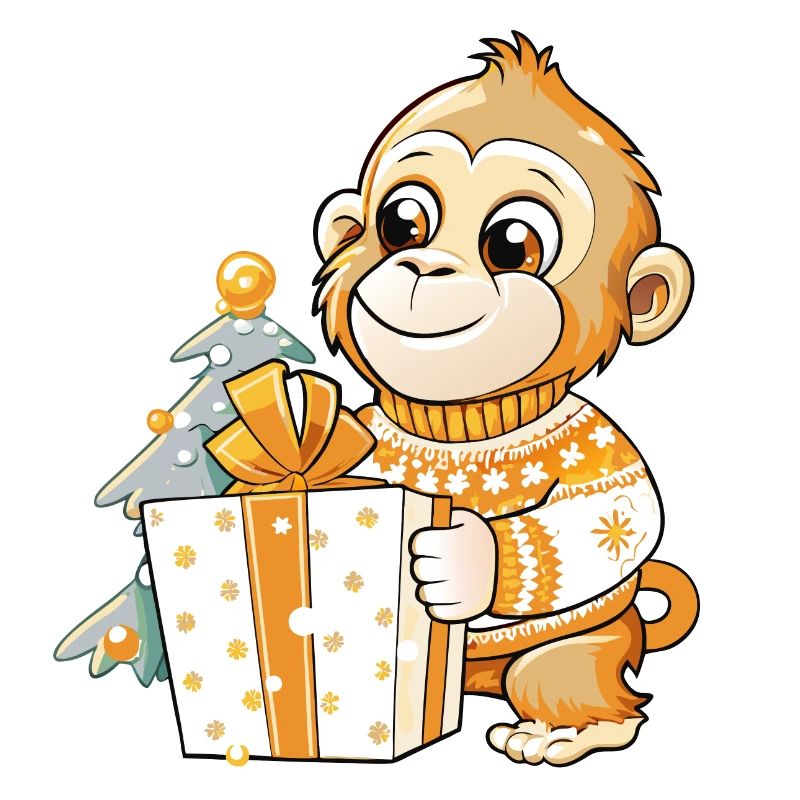Cute monkey unwrapping gift