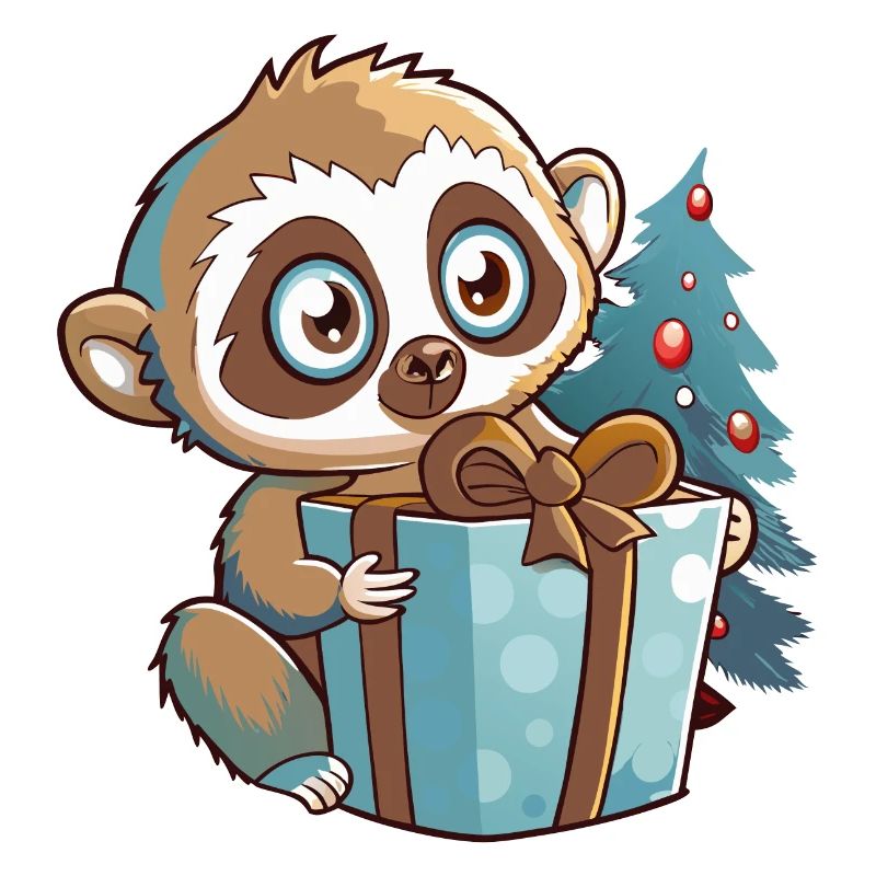 Niedlicher Lemur mit Geschenk an Weihnachten