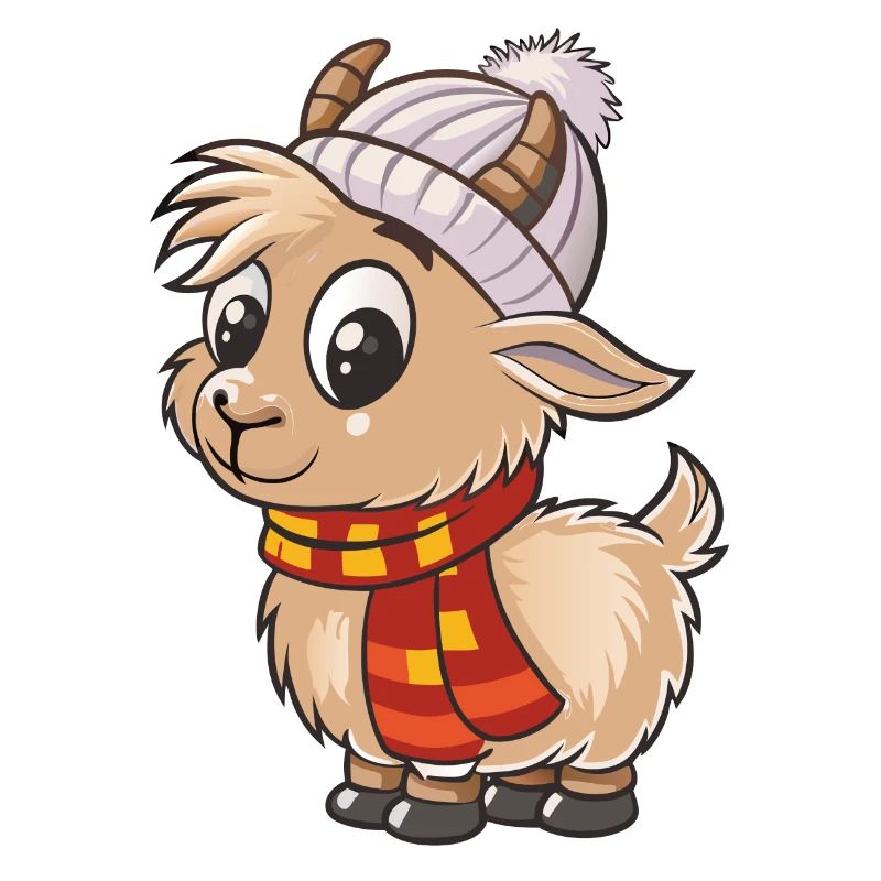 Chèvre mignonne avec écharpe et chapeau à pompon.
