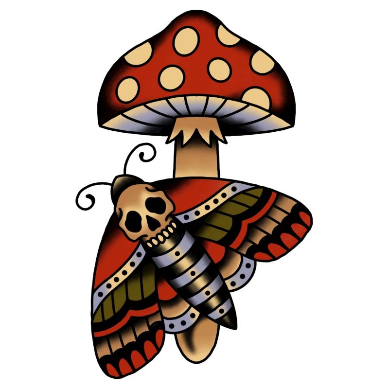 Conception de tatouage old school champignon et papillon de nuit