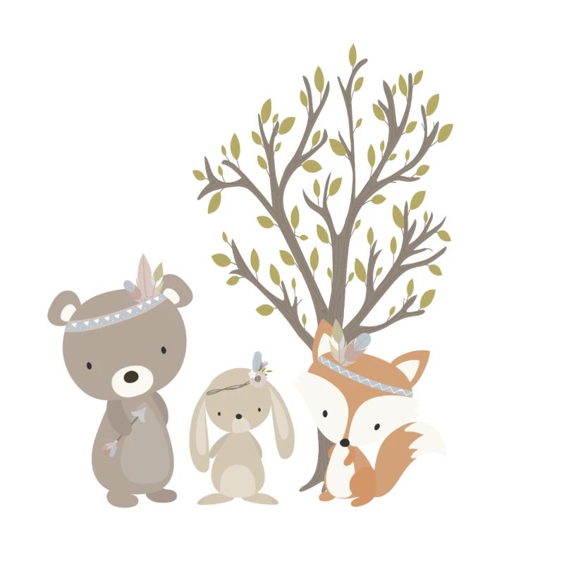 Boho forest animals with Indian fox, bear and rabbit