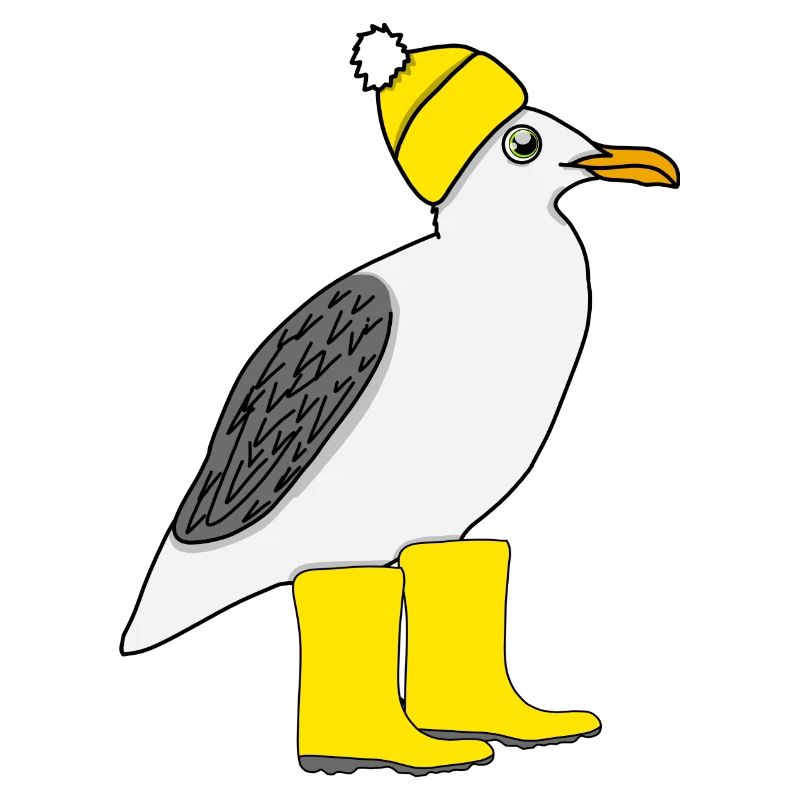 Seagull with rubber boots and hat