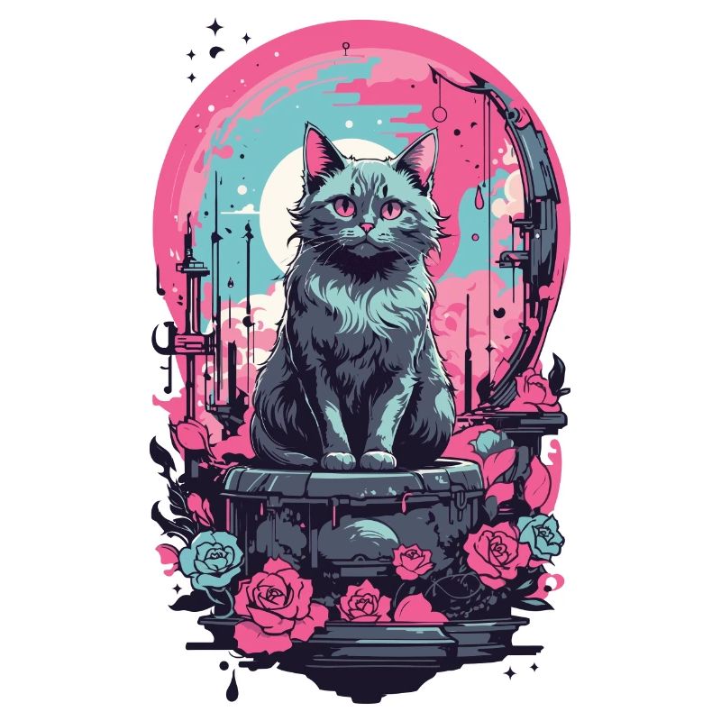 Gothic Pastel Cat with Moon and Roses