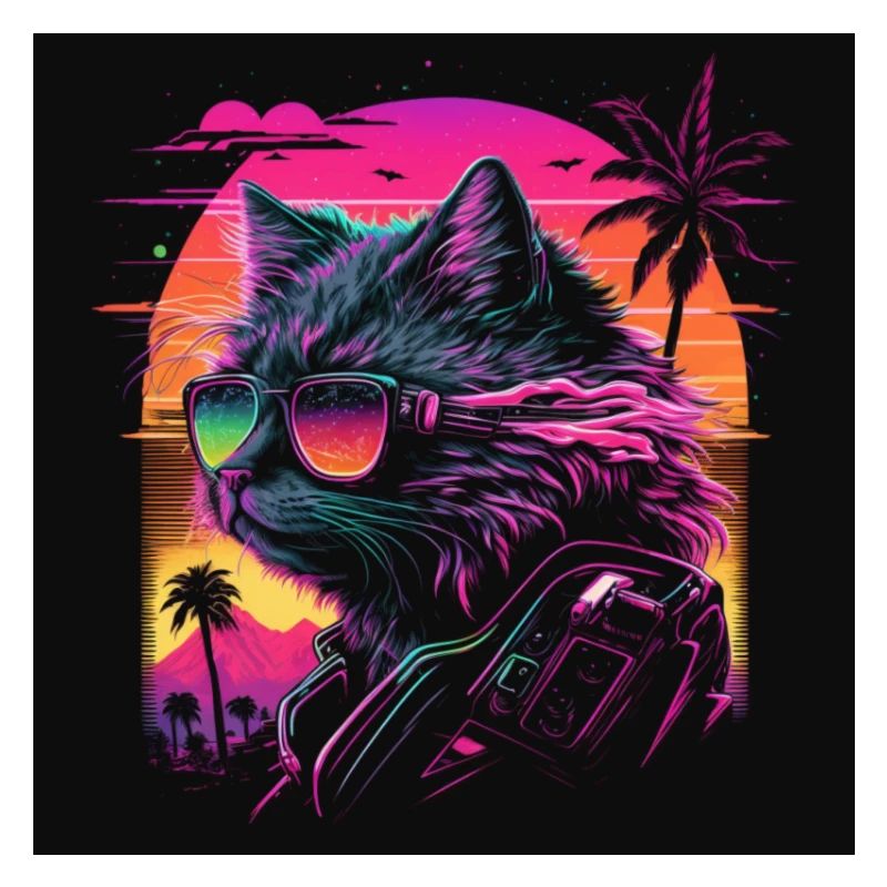 Chat aux couleurs néon, synthwave / 80s