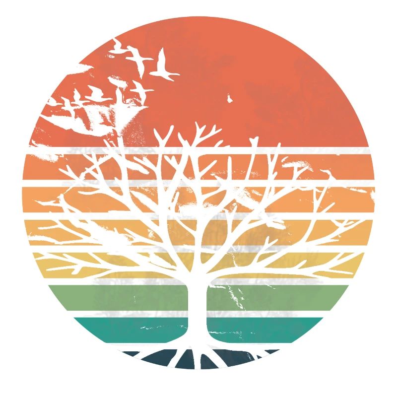 Retro sunset with tree and migratory birds