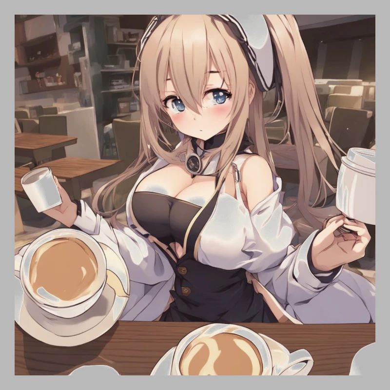 anime girl withe big boobs withe coffee