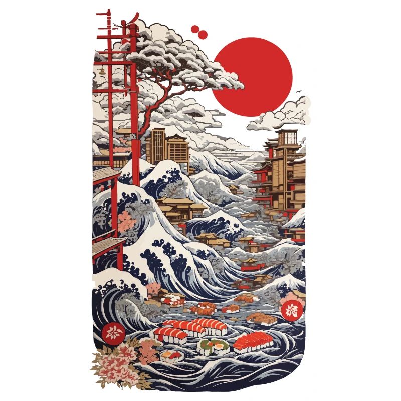 Retro Ukiyo-E Sushi mit Kirschblüten Otaku Kunst