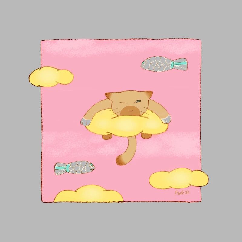 Cat on clouds with outstretched fish