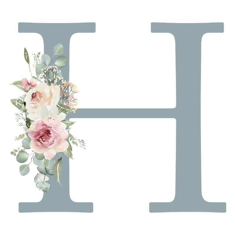H| Monogramm | Eukalyptus-Pastell-Blumen-Blau