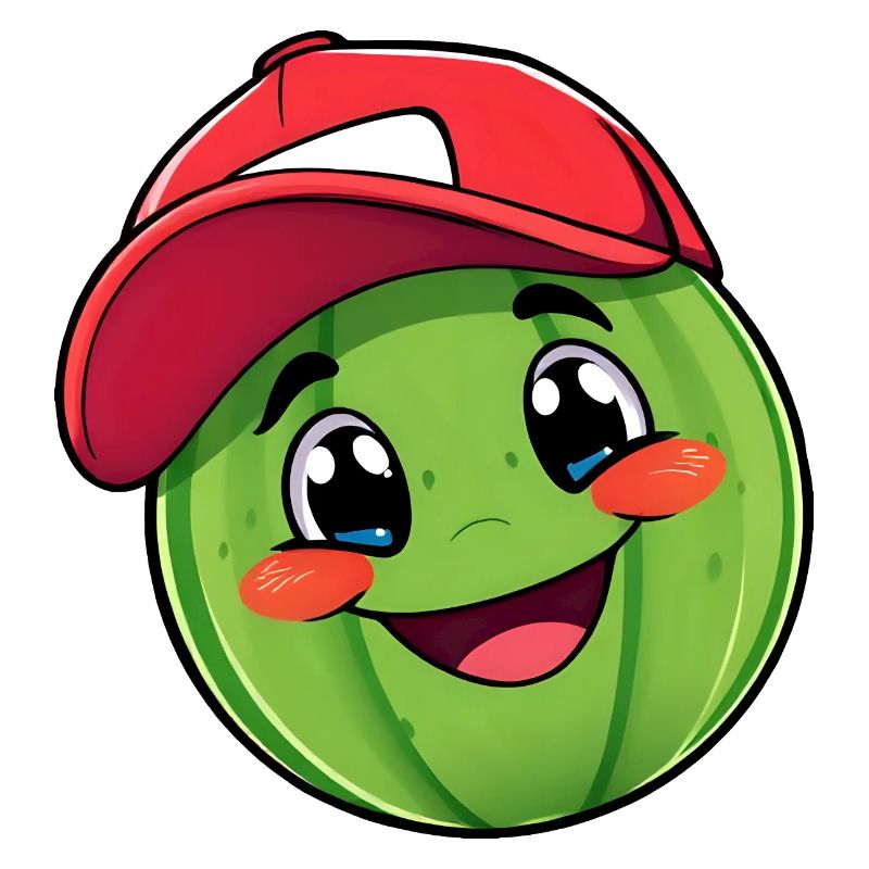 Smiling Watermelon Character in Red Baseball Cap
