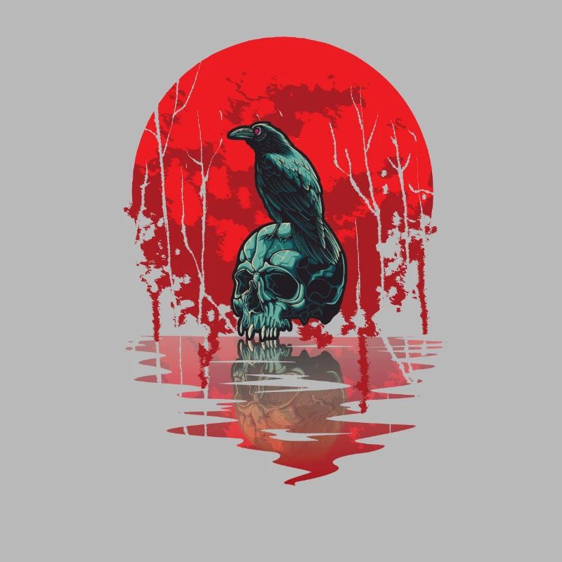 Gothic Skull Red Moon Black Crow
