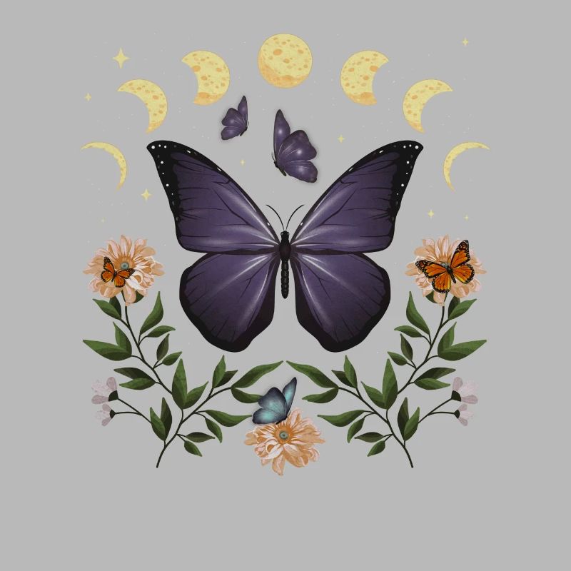 Cottagecore monarque papillon fleurs phase de lune