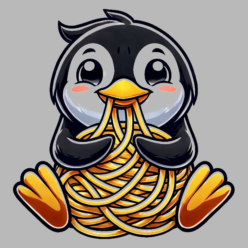 Clumsy penguin eats spaghetti