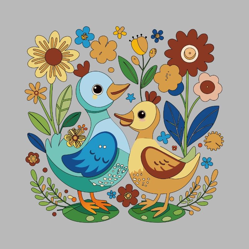 Two sweet ducks quacking in a flower bed