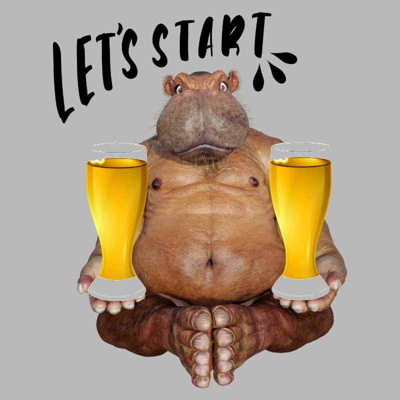 Comic, Nilpferd mit 2 Biergläsern in jeder Hand