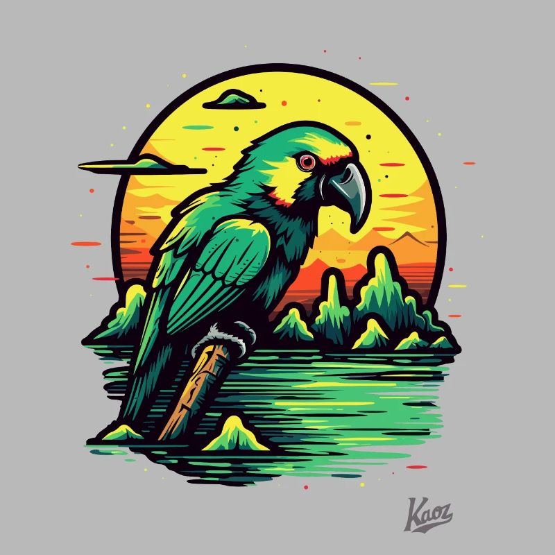 Coucher de soleil et perroquet vert