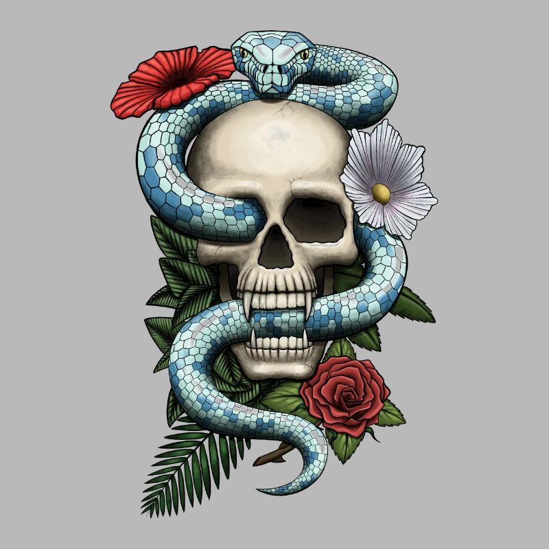 Crâne avec serpent et fleurs