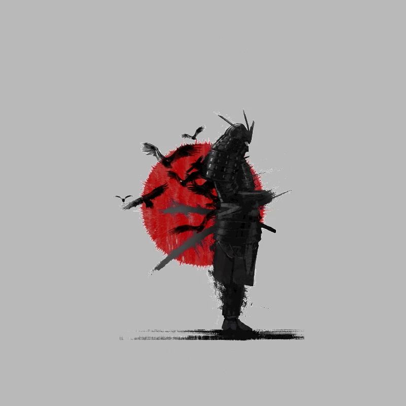 Samouraï devant le drapeau du Japon corbeaux et oiseaux, épée