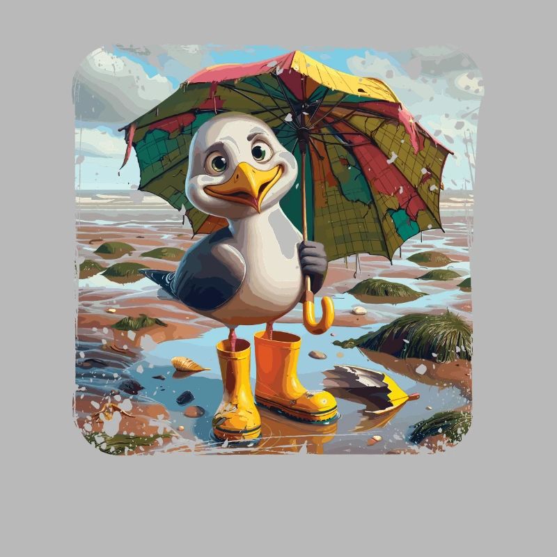 Mouette joyeuse avec bottes en caoutchouc et parapluie