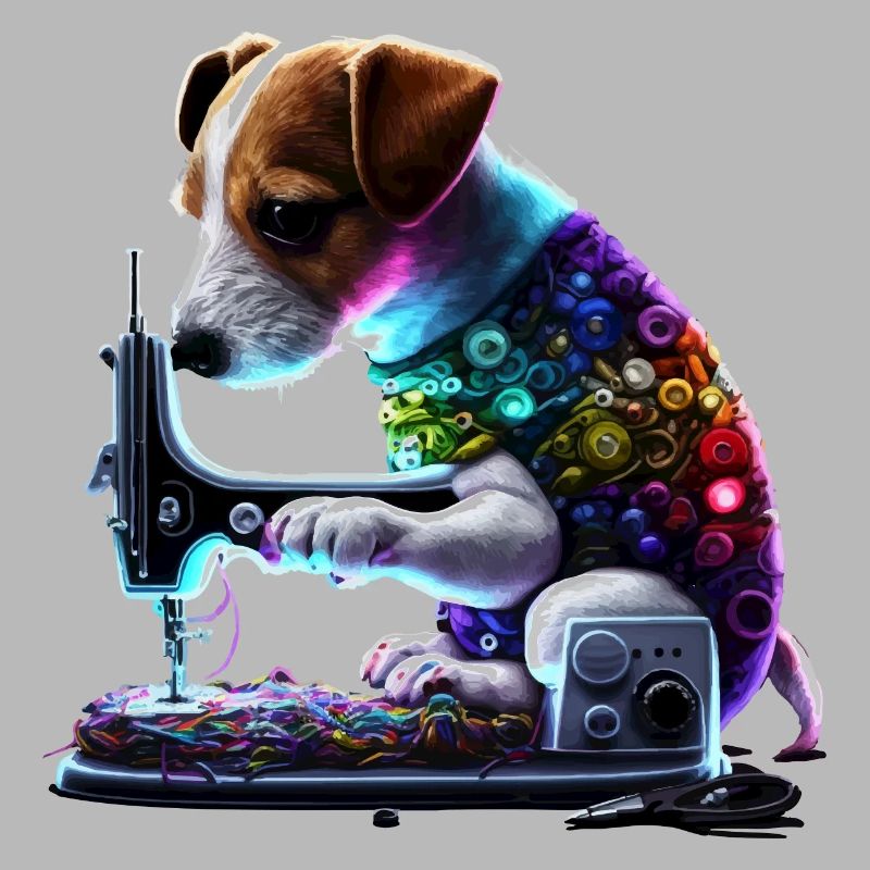 Jack Russel chien à coudre avec machine à coudre