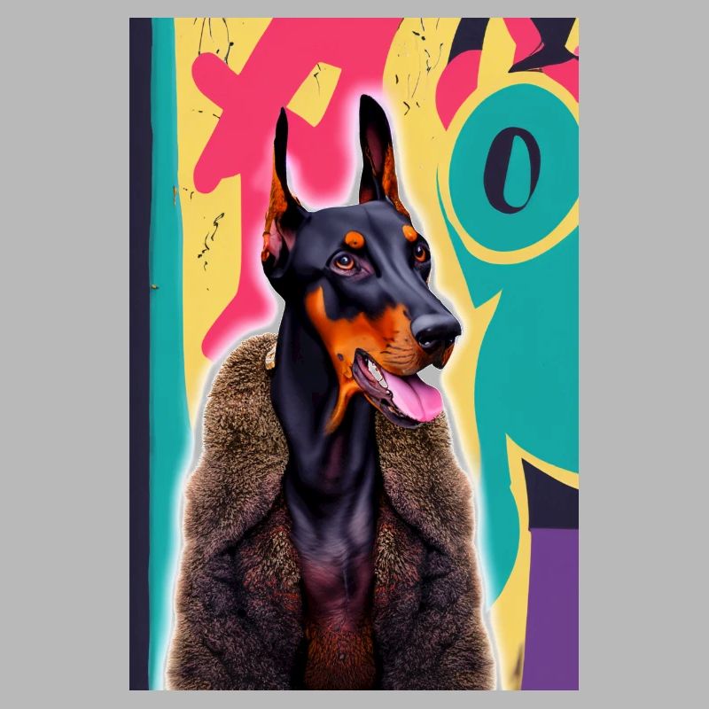 Doberman bossy en manteau de fourrure devant des graffitis