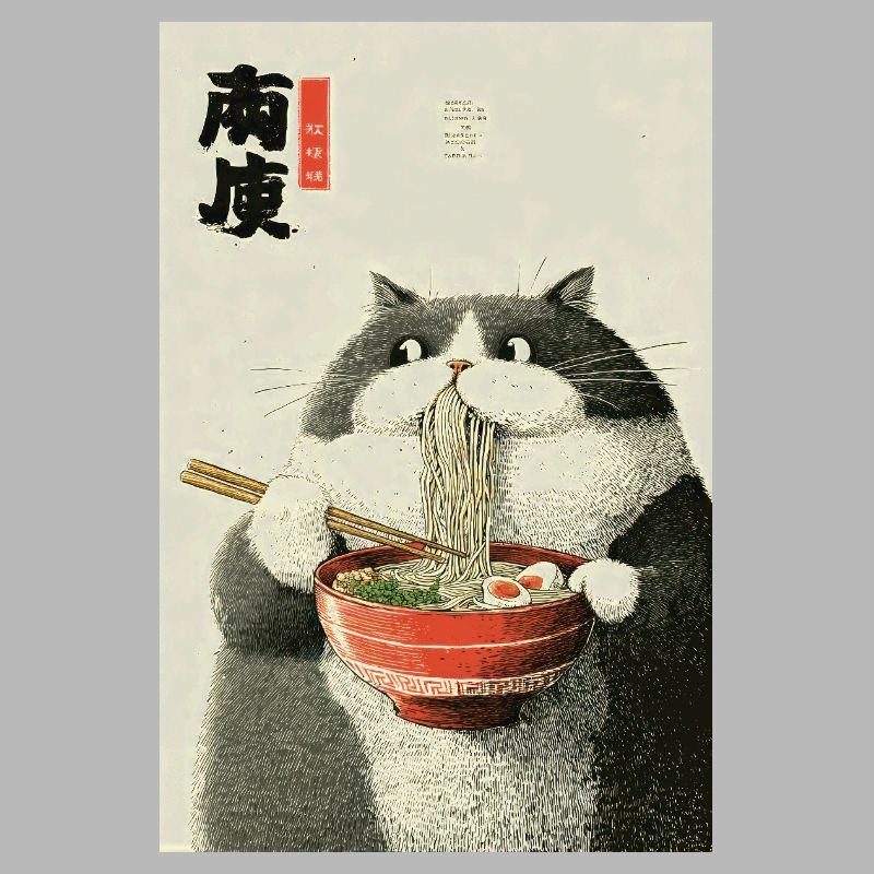 Moonlit Cat Slurping Ramen