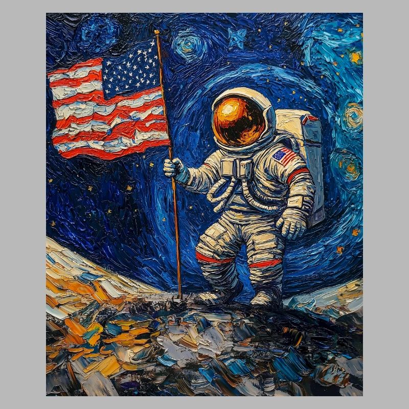 astronaut on moon with us flag