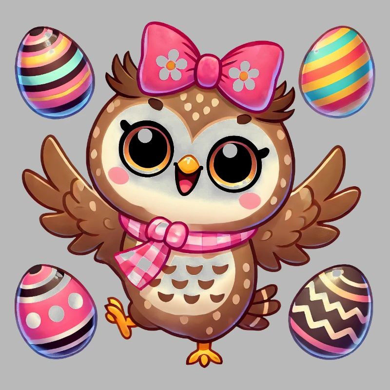 Owl juggles Easter eggs colorful fun