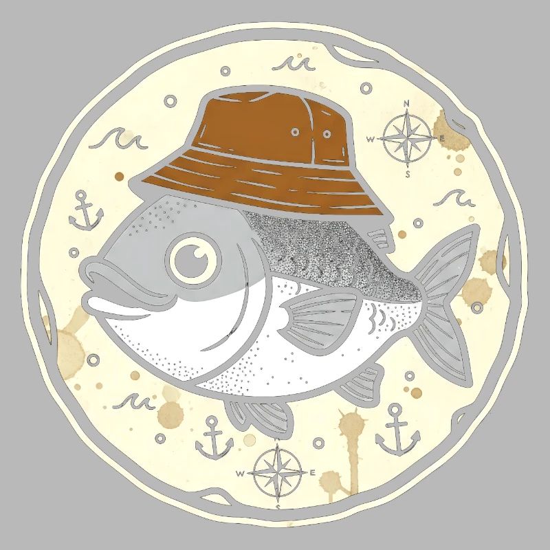 Fish with hat in nautical round logo