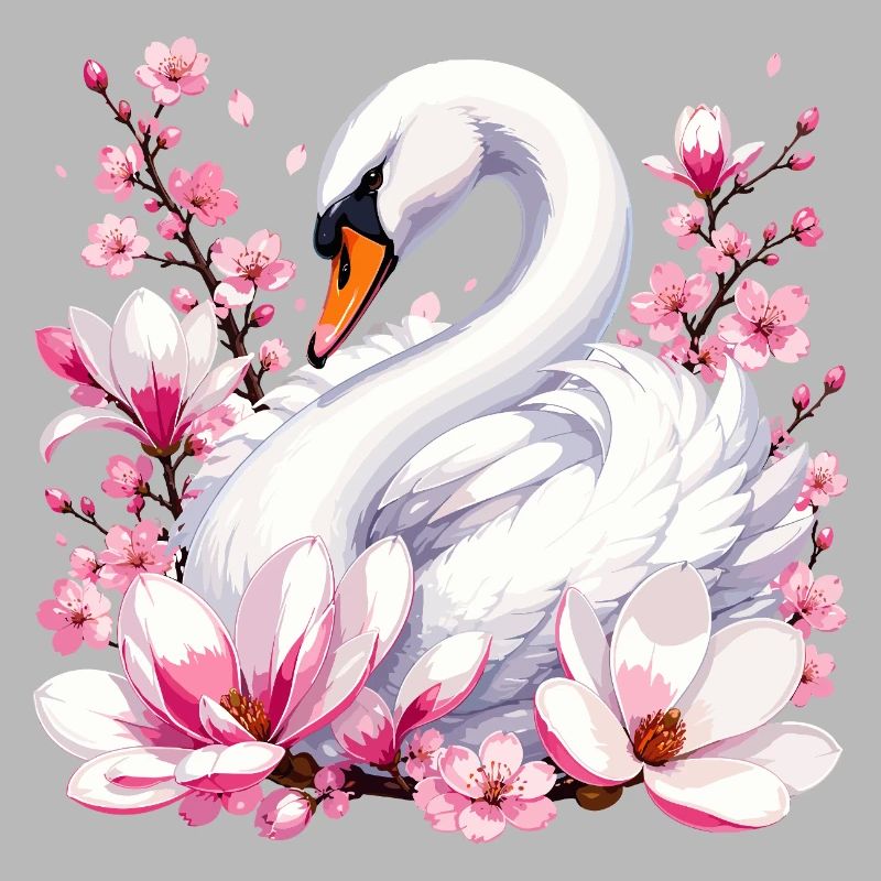 Weißer Schwan mit Kirschblüten