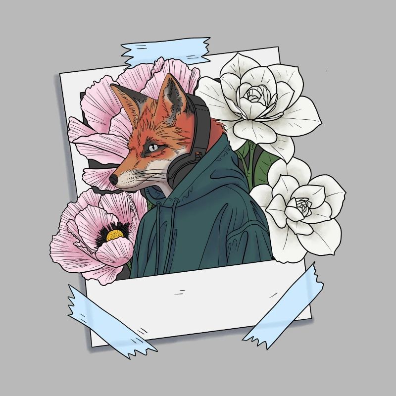 Fuchs mit Kopfhörern und Blumenthema