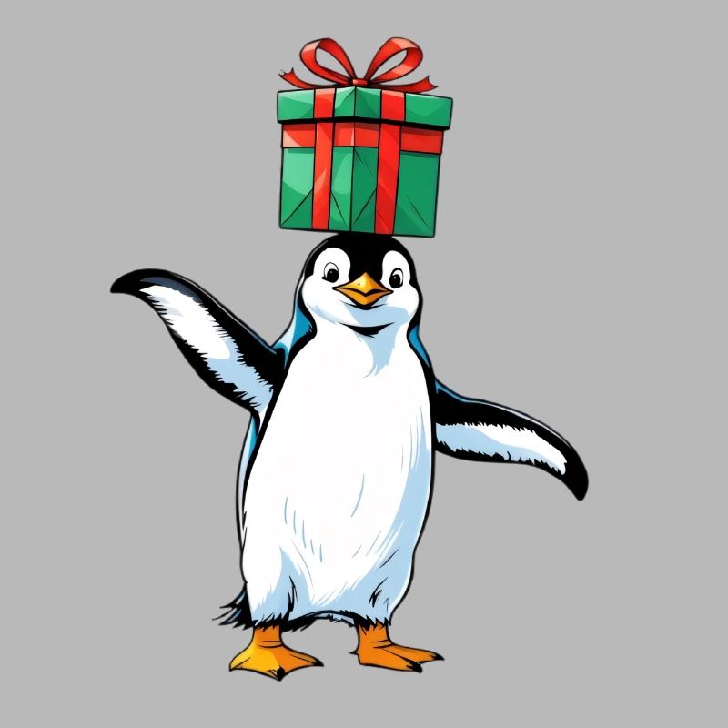Pinguin mit Geschenk auf Kopf