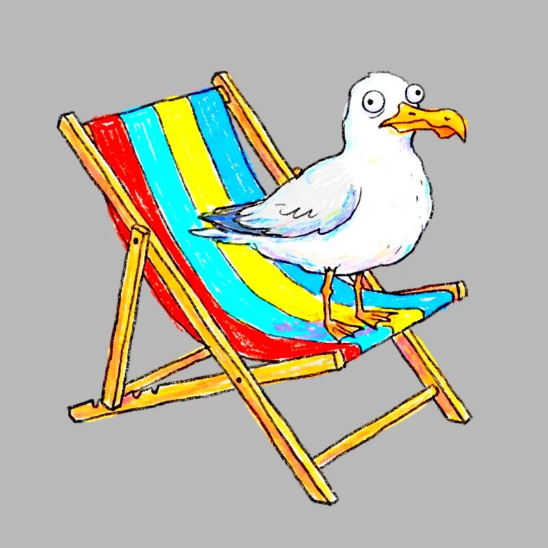 Seemöwe auf buntem Strandstuhl