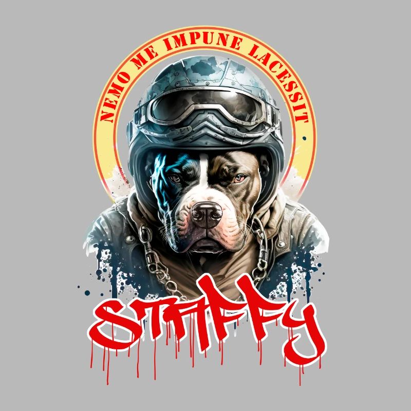 Staffie biker avec phrase nemo me impune lacessit