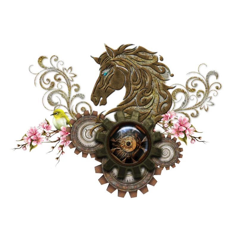 Ce cheval steampunk unique avec des fleurs