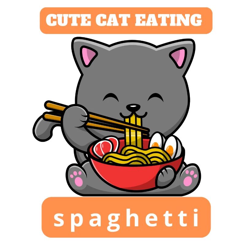 Funny cat eats spaghetti