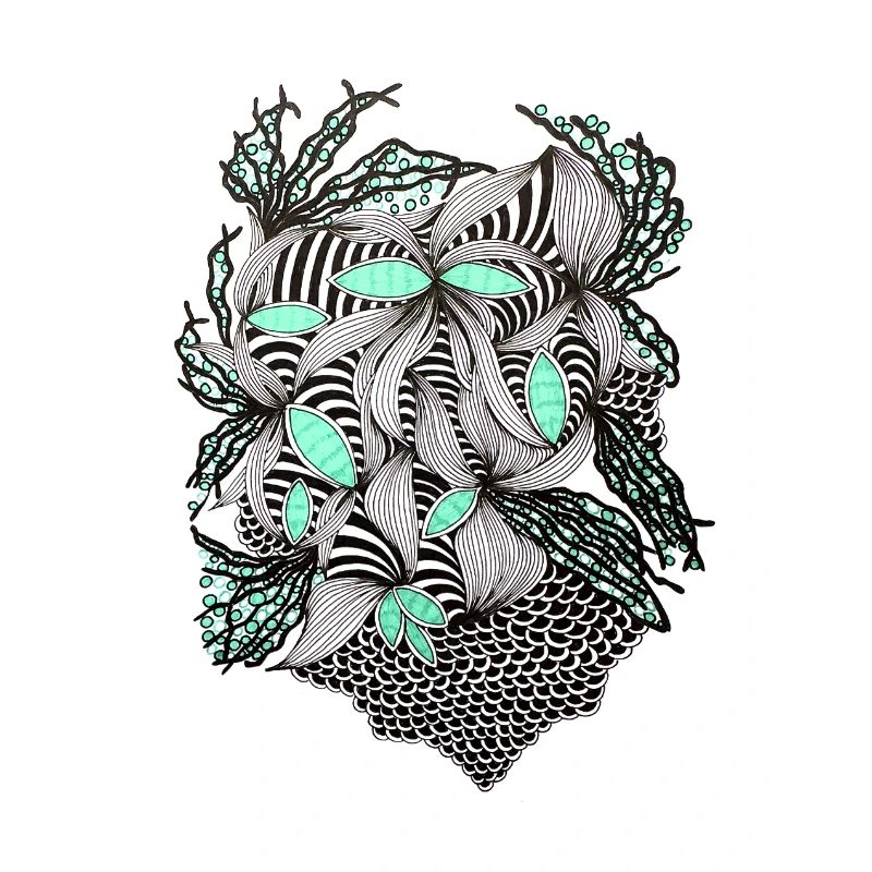 Line Flowers Pattern Mint Accent
